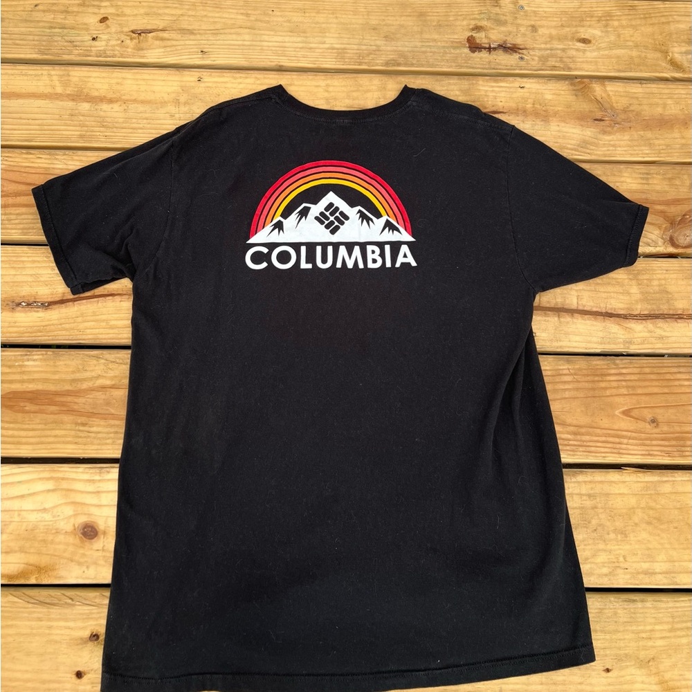 Columbia Black Tee with Vibrant Rainbow Design